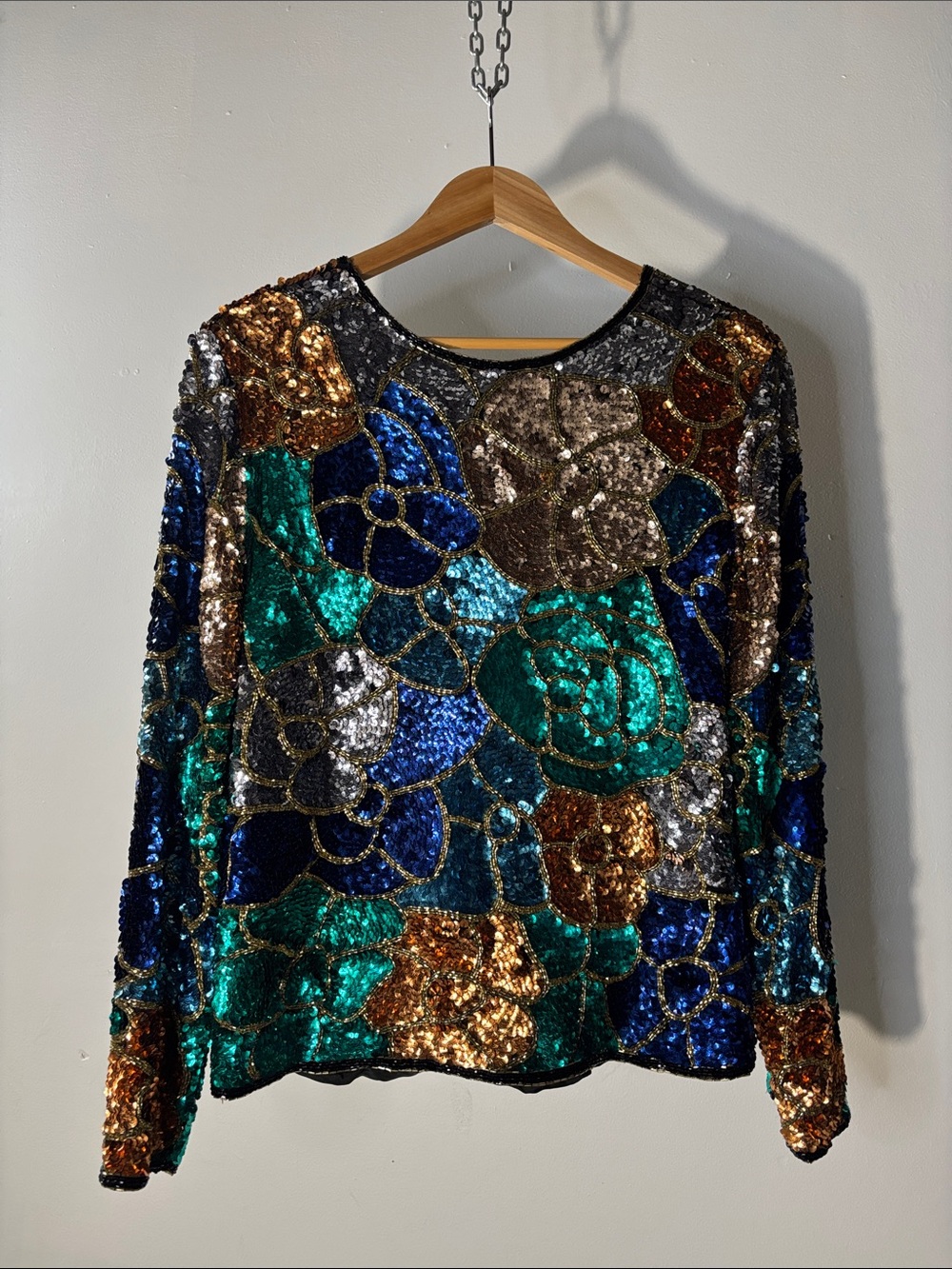 Sequined Floral Patchwork Long-Sleeve Top Jewel Tones Size Large Vintage